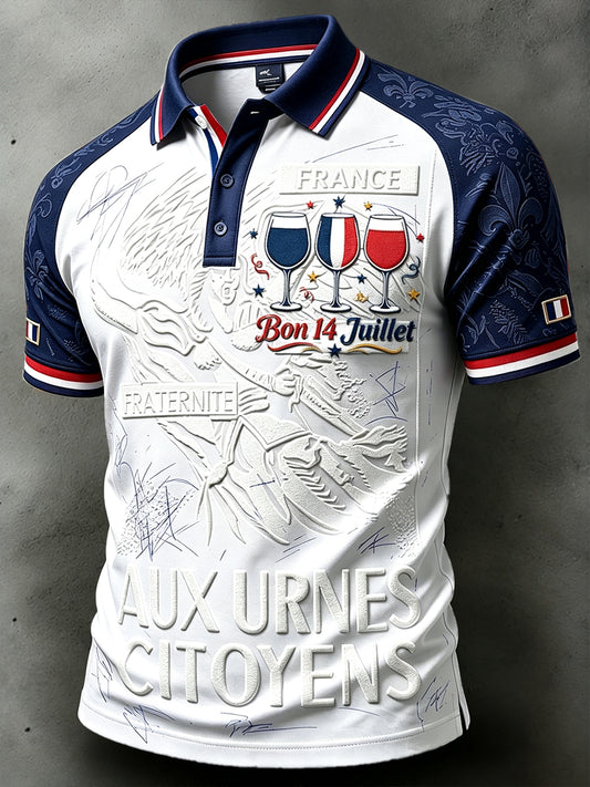 Polo Homme Blanc Décontracté French Bastille Day-Imprimé