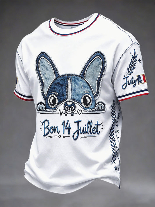 T-shirt décontracté à imprimé patchwork en denim pour hommes, fête nationale française