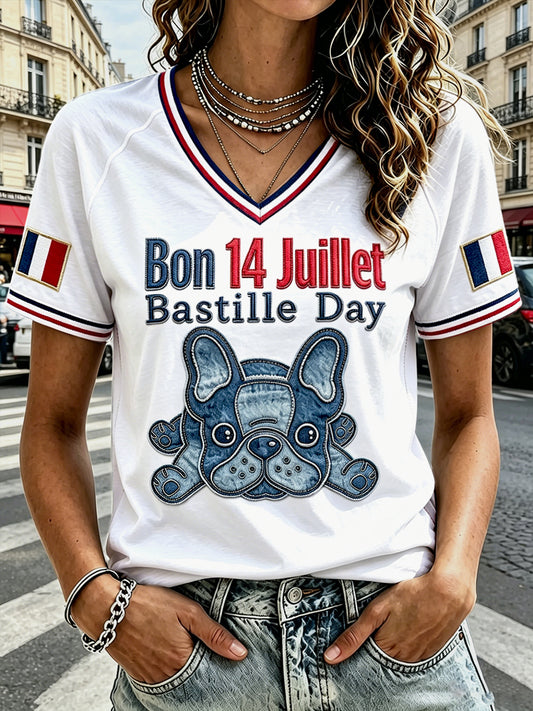 Journée nationale française des femmes 14 juillet Bouledogue français Patchwork Imprimer T-shirt décontracté à col en V