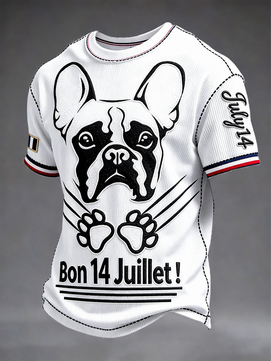 T-shirt décontracté imprimé bouledogue français blanc pour hommes (14 juillet)