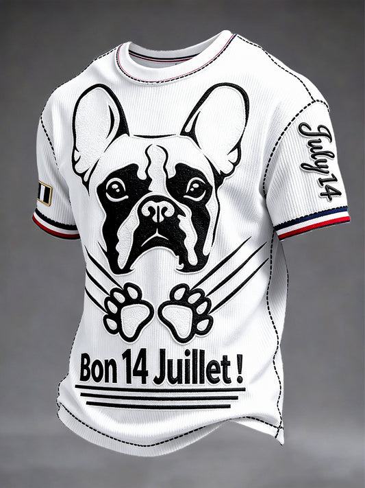 T-shirt décontracté imprimé bouledogue français blanc pour hommes (14 juillet)
