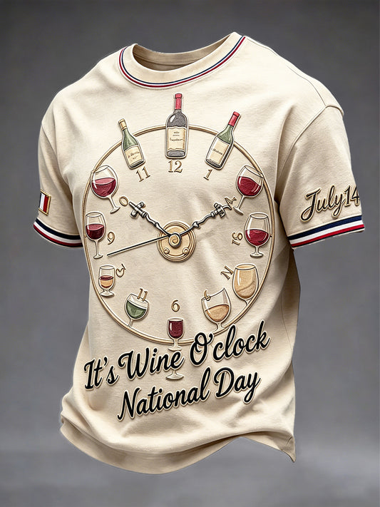 T-shirt décontracté rétro français à imprimé de verre sur le thème de la fête nationale pour hommes