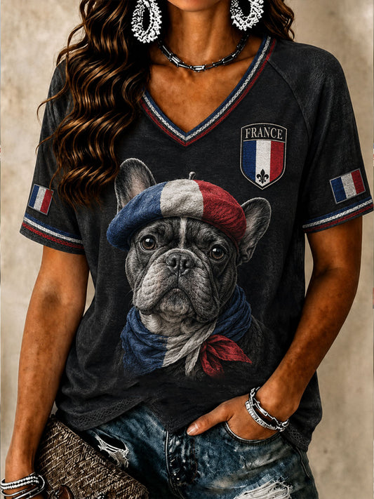 T-shirt col en V pour femme, modèle Bouledogue français
