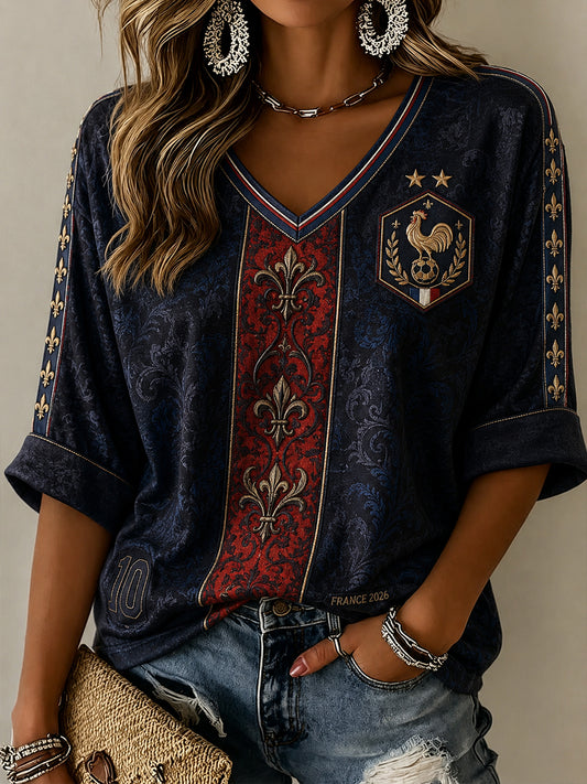 Chemise en lin à col V pour femme, motif France Football