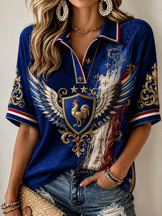 T-shirt à manches mi-longues et col en V pour femme France Football