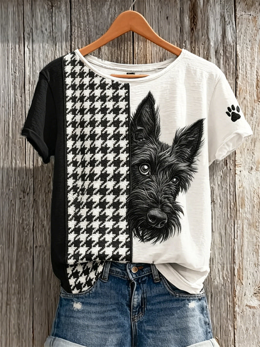 Peeking Scottish Terrier Dog Houndstooth Colorblock T-shirt à manches courtes pour femmes