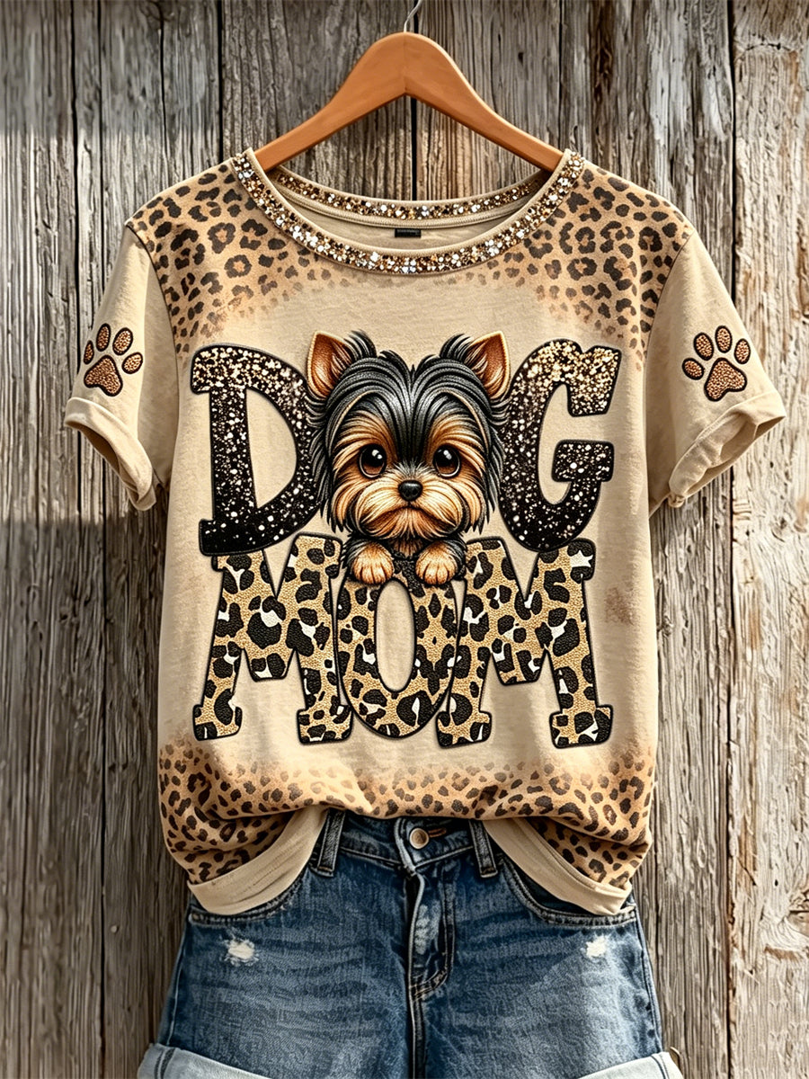 T-shirt à manches courtes pour femme, motif Yorkshire terrier avec empreintes de patte et imprimé léopard