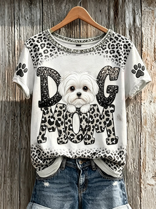 T-shirt à manches courtes pour femme, motif léopard avec imprimé de pattes et tête de maltais qui dépasse