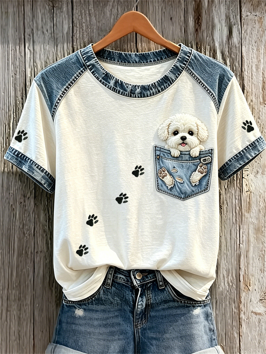 Femme Fuzzy Bichon Chien Faux Poche & Patte Imprimés Denim Patchwork Imprimer T-shirts