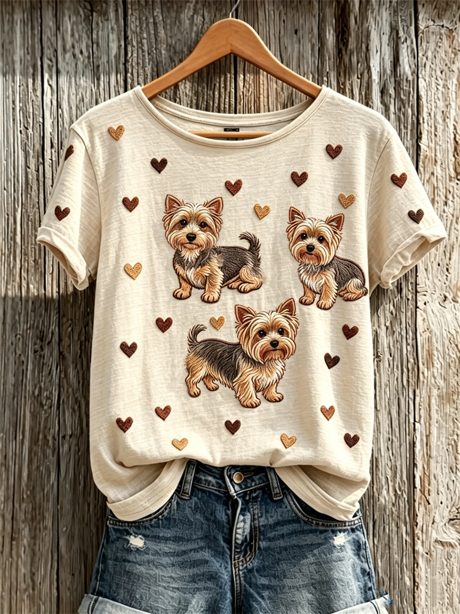 T-shirt à manches courtes à imprimé Yorkshire Terrier Dogs & Hearts pour femme