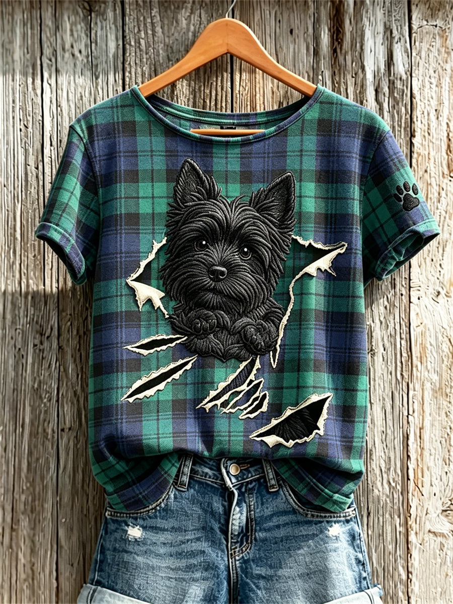 Peeking Scottish Terrier Chien Femme de Torn Crack Scotland T-shirt à manches courtes