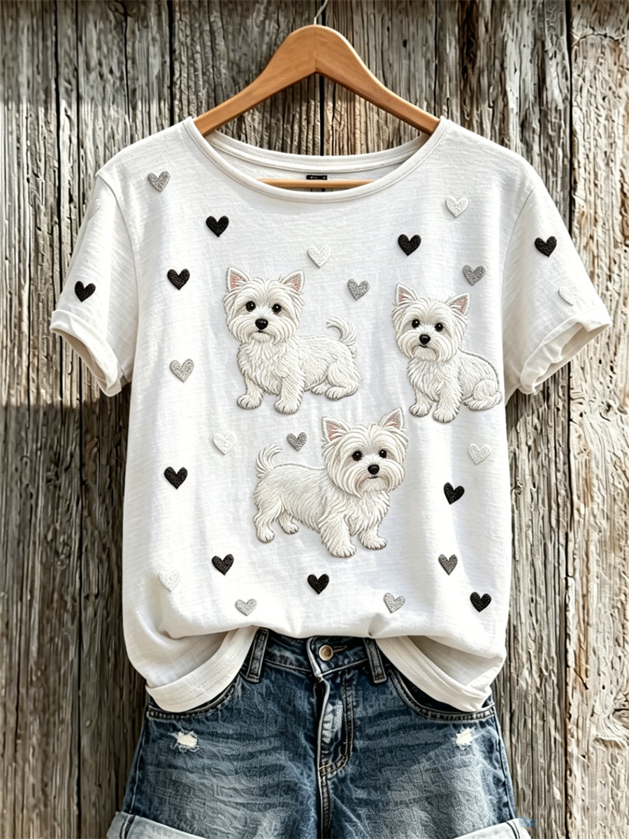 T-shirt à manches courtes pour femme Fuzzy White Scottish Terrier Dogs & Hearts Pattern Print