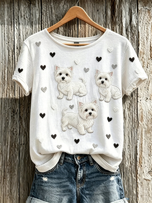 T-shirt à manches courtes pour femme Fuzzy White Scottish Terrier Dogs & Hearts Pattern Print