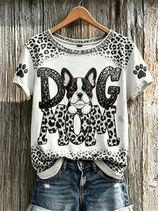 T-shirt à manches courtes imprimé léopard pour femme Peeking Bulldog Dog Mom & Paw