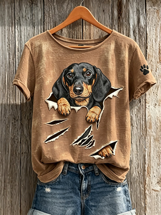 T-shirt à manches courtes pour femme Peeking Dachshund Dog de Torn Crack Print
