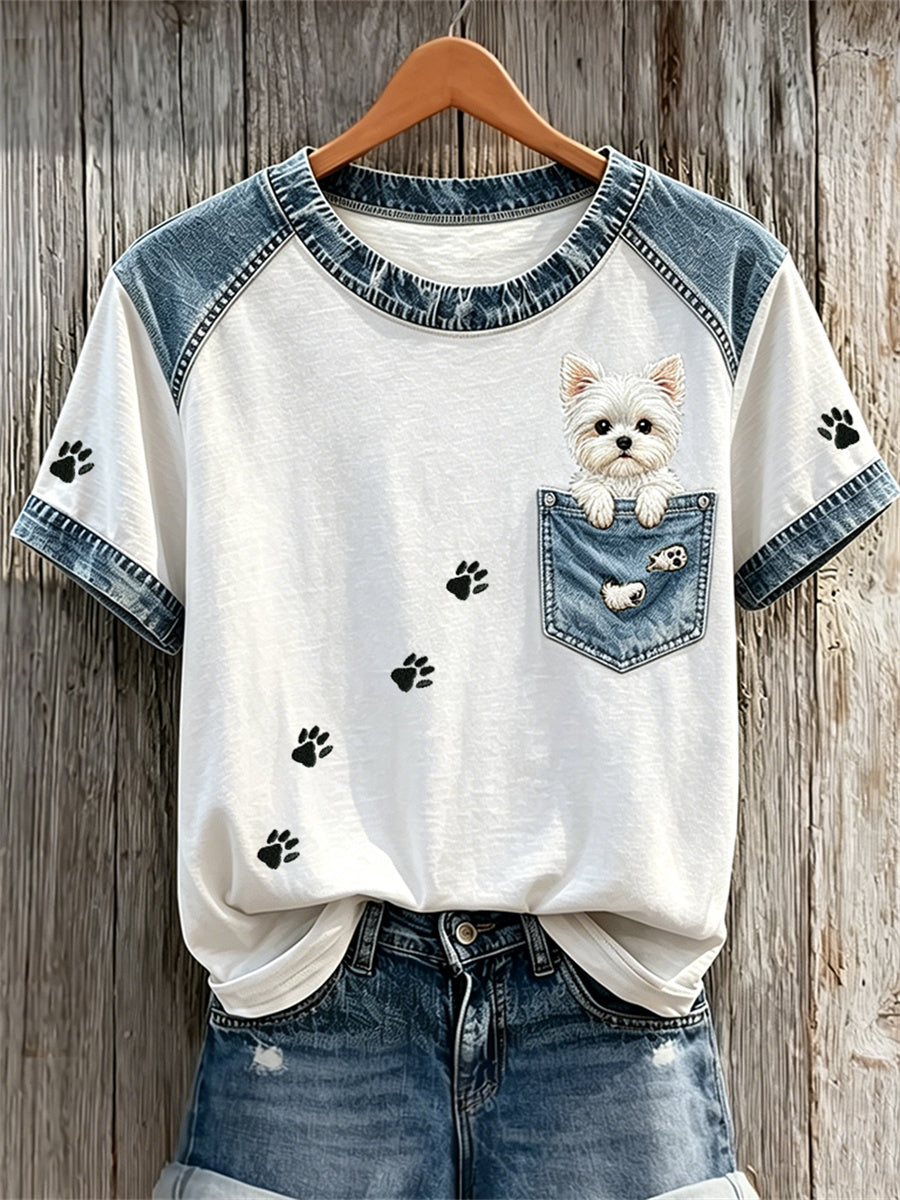 Femme Lovely Maltais Chien Faux Poche & Patte Imprimés Denim Patchwork Imprimer T-shirts