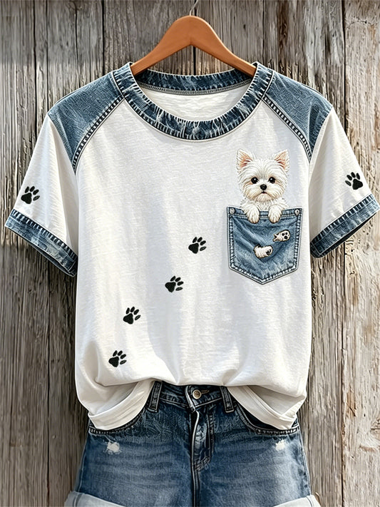 Femme Lovely Maltais Chien Faux Poche & Patte Imprimés Denim Patchwork Imprimer T-shirts