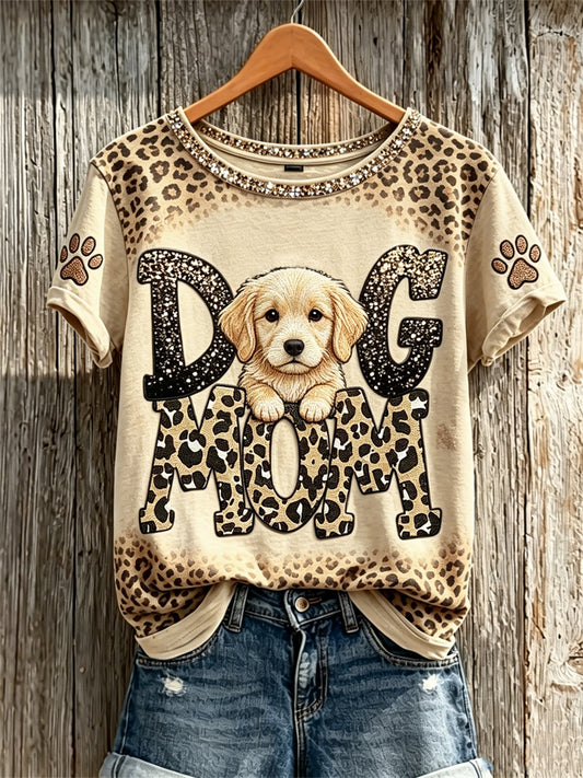 T-shirt à manches courtes à imprimé léopard pour femme Peeking Golden Retriever Dog Mom & Paw Prints