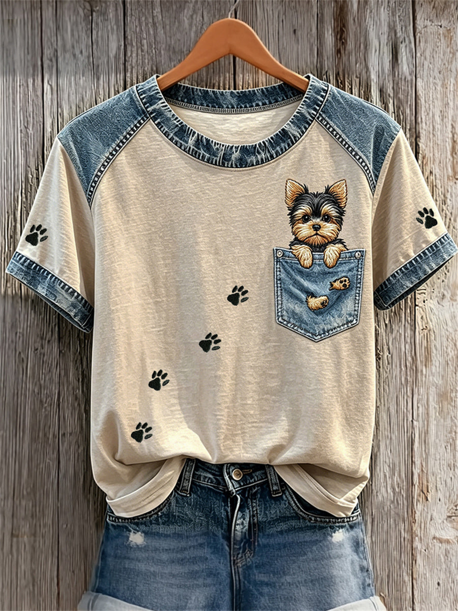 Femme Yorkshire Terrier Chien Fausse poche & Patte Prints Denim Patchwork Imprimer T-shirts