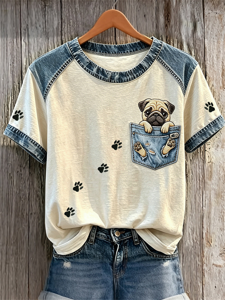 Femme Pug Chien Fausse Poche & Patte Prints Denim Patchwork Imprimer T-shirts
