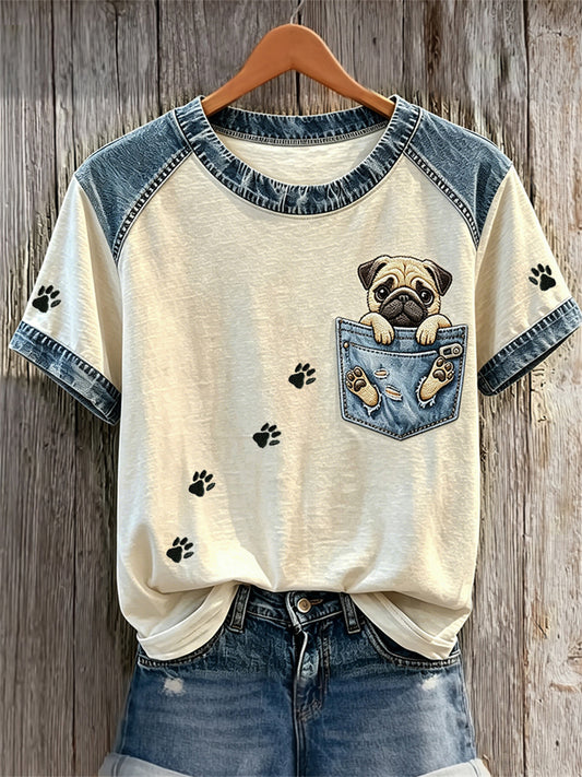 Femme Pug Chien Fausse Poche & Patte Prints Denim Patchwork Imprimer T-shirts