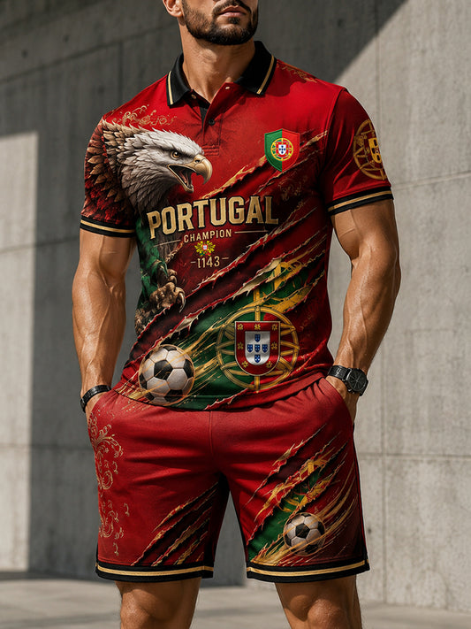Tenue polo avec impression artistique d’élément de soutien aux matchs de football portugais pour hommes