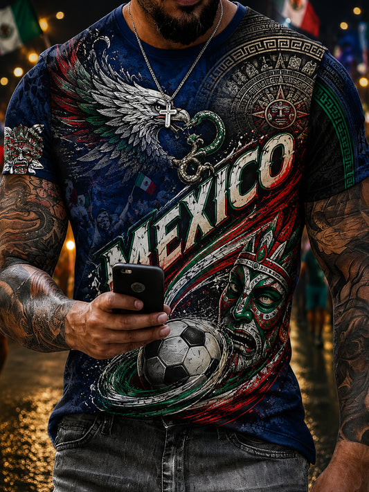 T-shirt pour homme à l’impression en relief d’un totem traditionnel mexicain, dédié au football