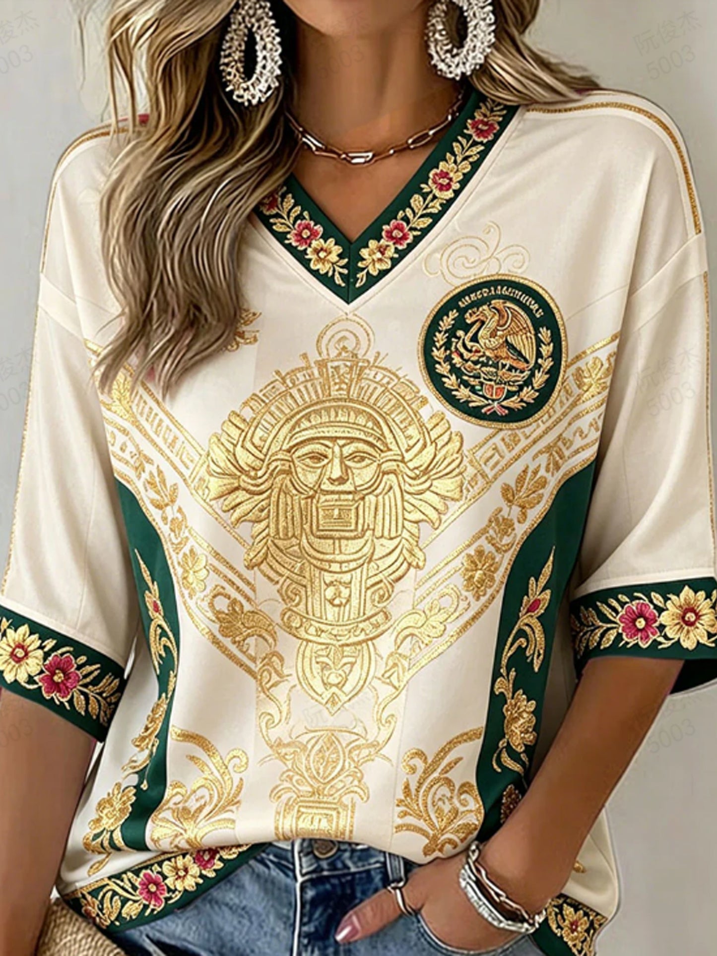 Femmes Mexicain Football Acclamant Gaufré Traditionnel Totem Art Imprimer V-Neck Top