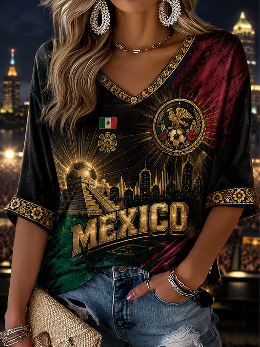 Haut à col en V pour femmes, imprimé en relief d’art totem traditionnel mexicain, motif de support féminin