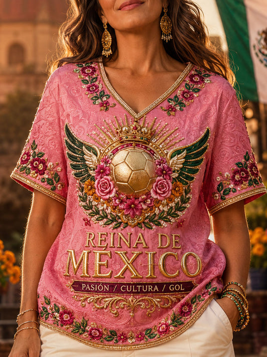 Haut en lin imprimé motif football mexicain pour femme