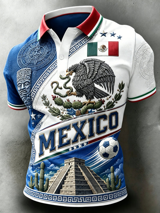 Polo homme à imprimé artistique totem traditionnel, gaufré et texturé, pour encourager l’équipe mexicaine de football