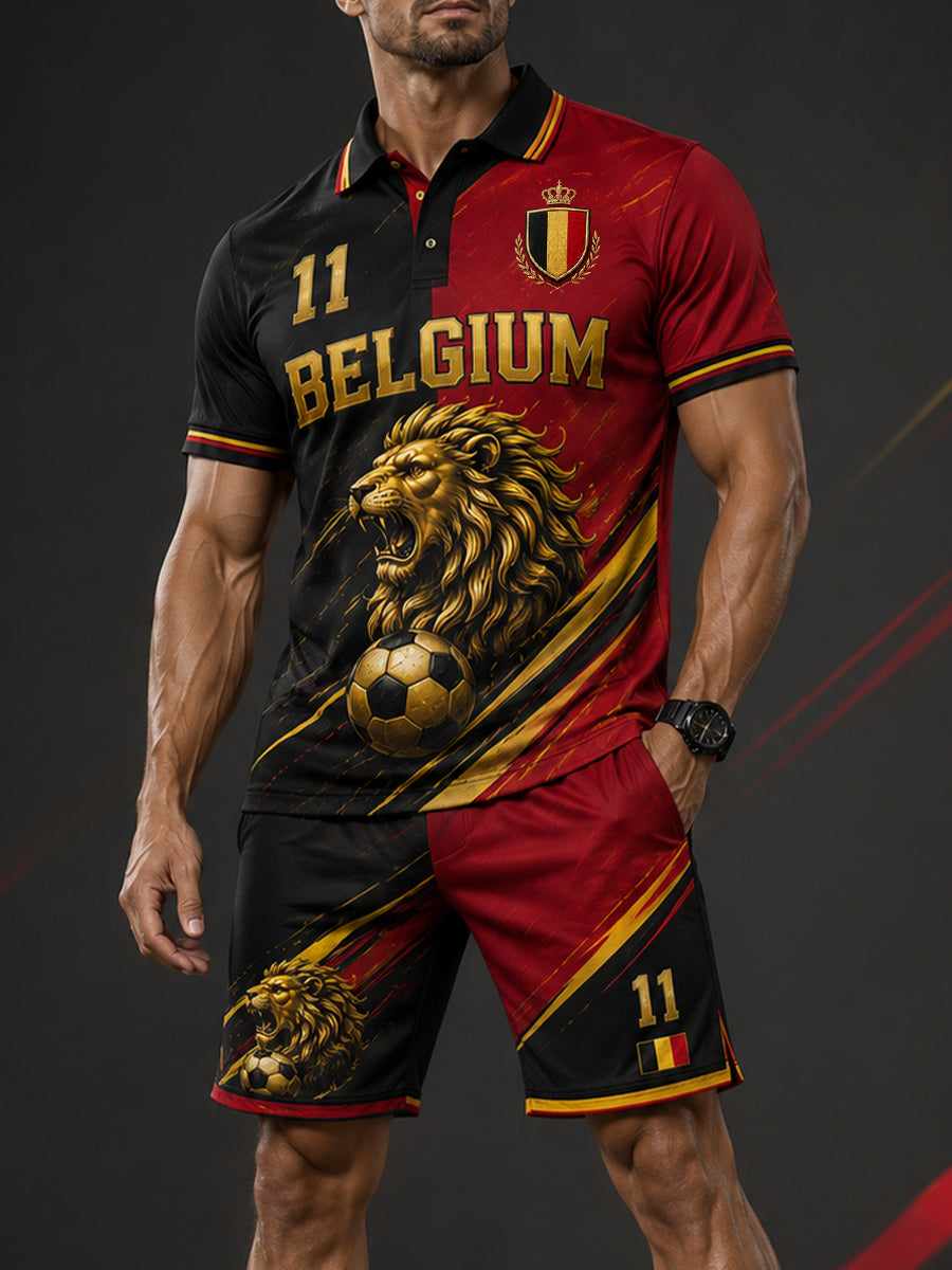 Ensemble de polo à manches courtes pour homme, orné d’un imprimé sur le thème du lion et du football