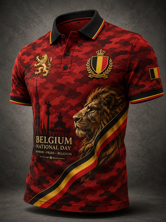 Polo manches courtes pour homme, jour national, avec imprimé camouflage lion