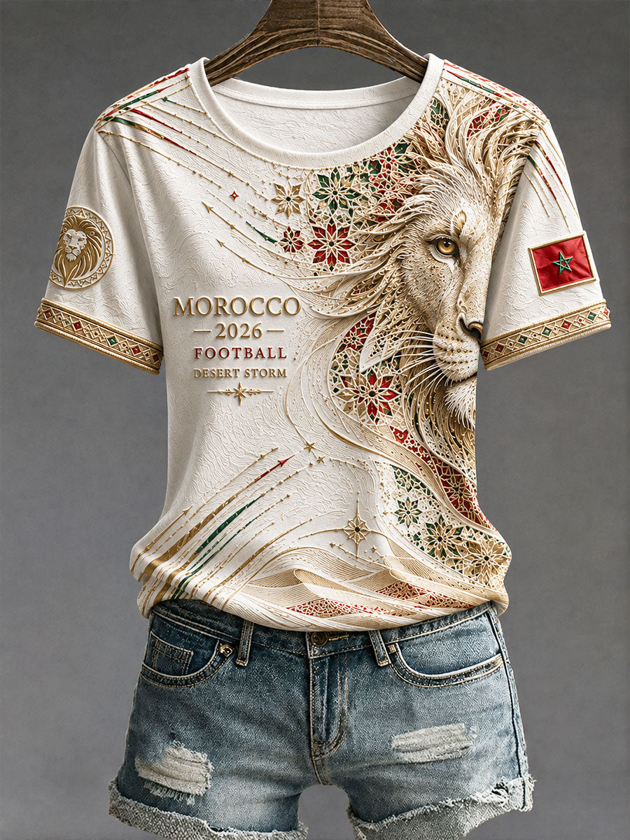 T-shirt femme 2026 Maroc à imprimé lion de football
