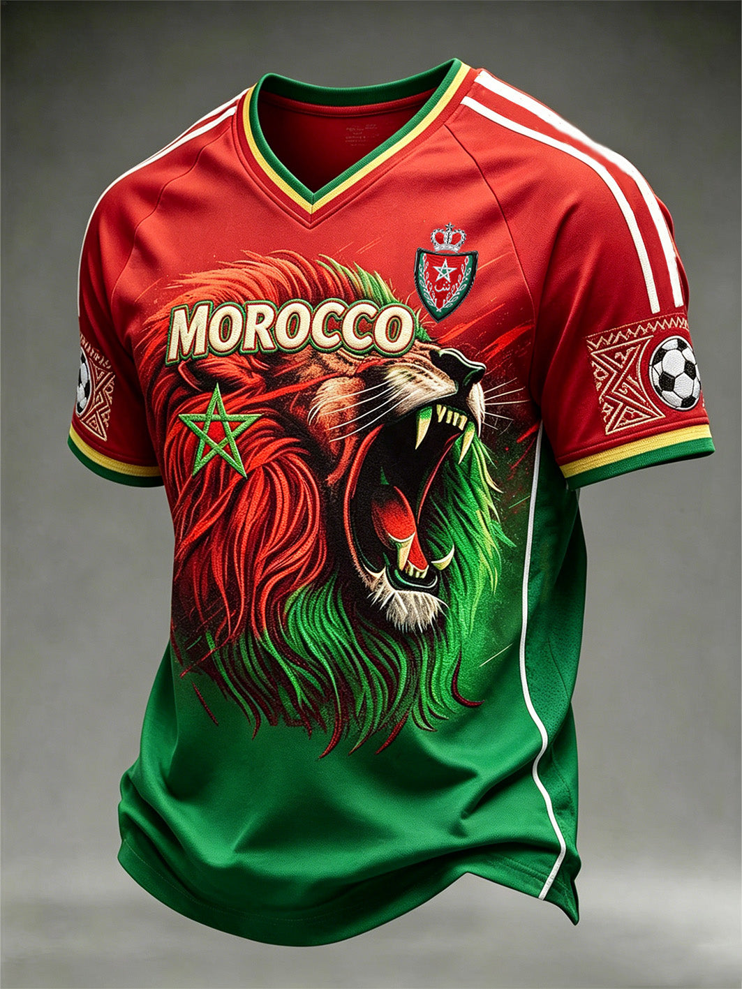 T-shirt à col en V pour hommes, motif imprimé aux motifs de football et combinaison de couleurs