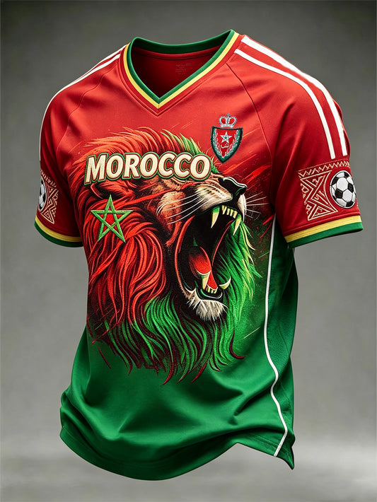 T-shirt à col en V pour hommes, motif imprimé aux motifs de football et combinaison de couleurs