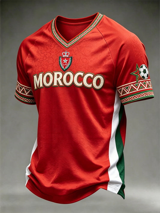 T-shirt à col en V pour hommes, motif imprimé aux motifs de football et combinaison de couleurs