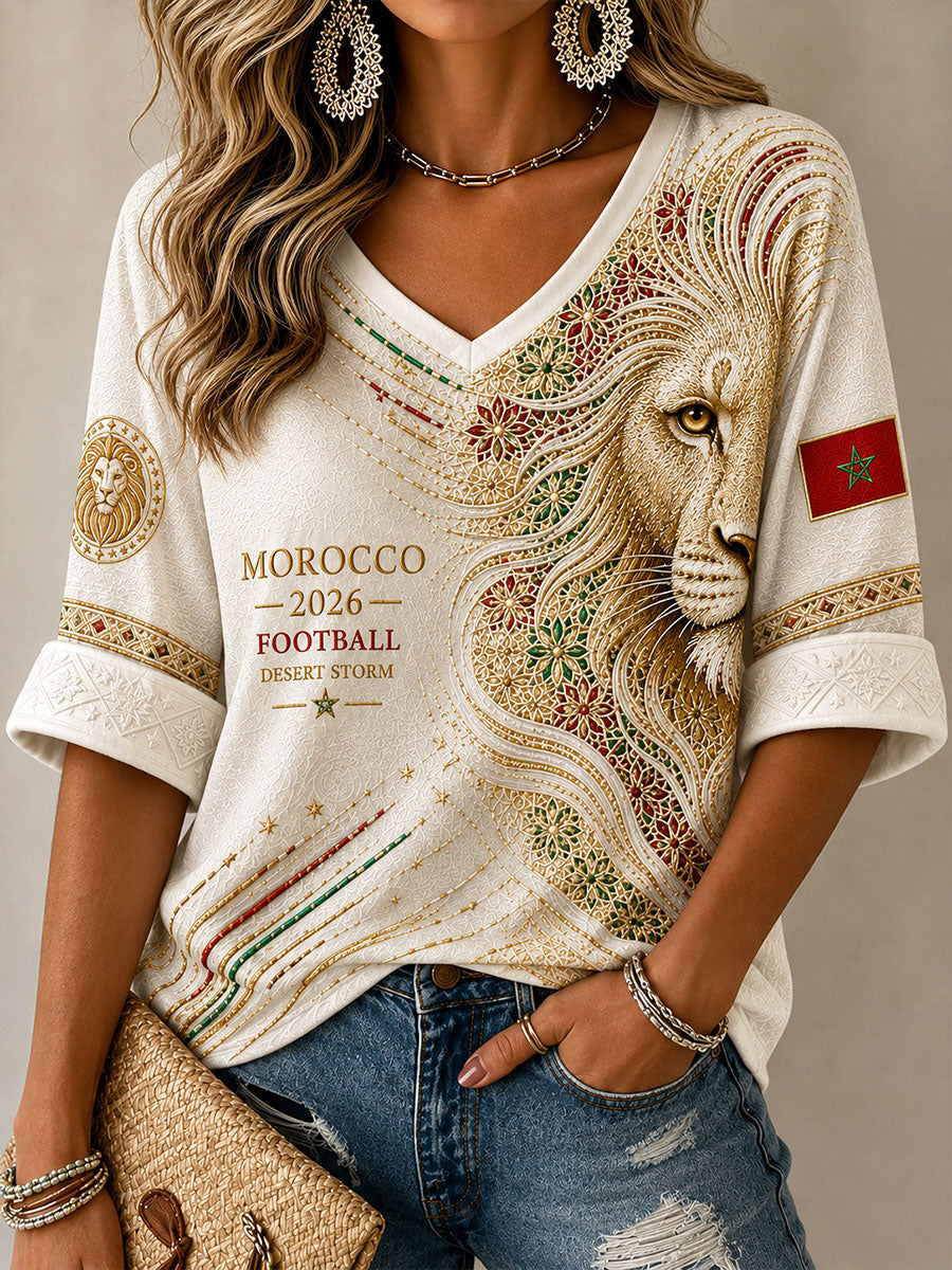 T-shirt femme 2026 Maroc à imprimé lion de football