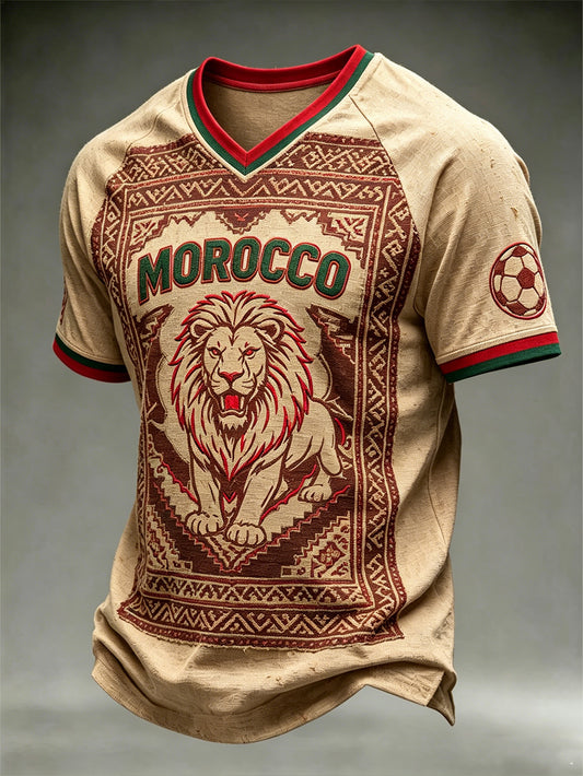 T-shirt à col en V pour hommes, motif imprimé aux motifs de football et combinaison de couleurs
