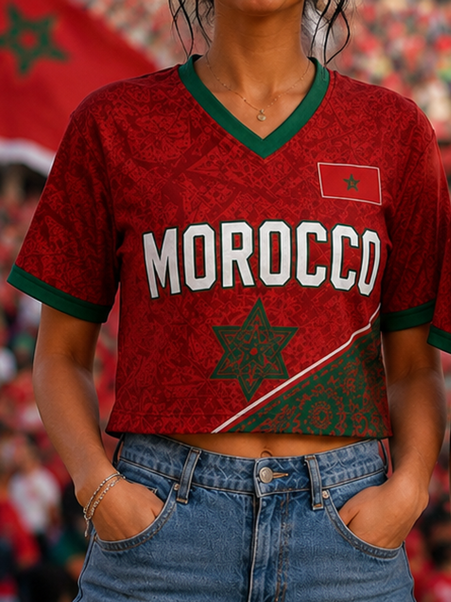 T-shirt à manches courtes imprimé football du Maroc pour femme