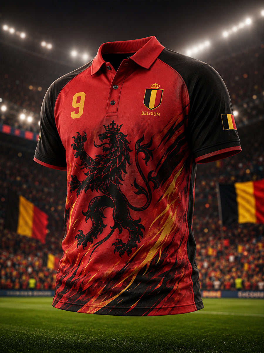 Polo Homme Manches Courtes Raglan Imprimé Flamme Et Thème Football