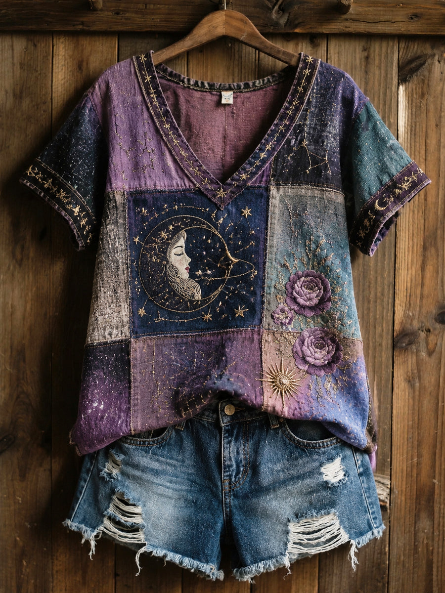 T-shirt décontracté en coton et lin, patchwork floral rétro à motifs zodiaque