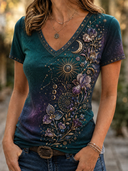 T-shirt décontracté pour femme à motif floral rétro du zodiaque