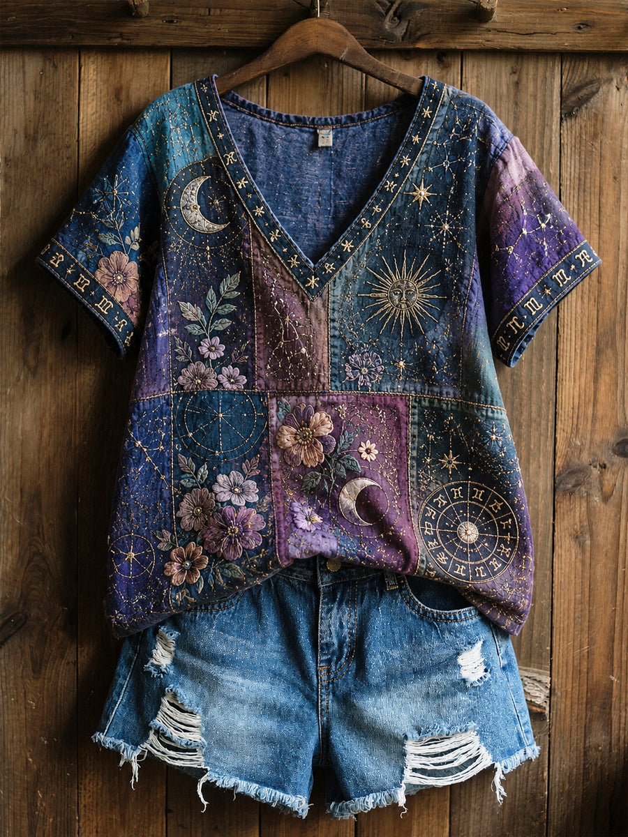 T-shirt rétro en coton-lin à motif floral «Art de guérison» du zodiaque