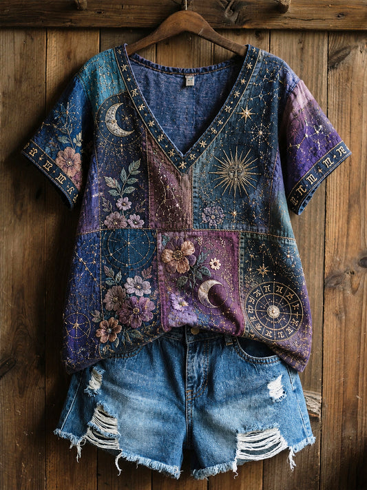 T-shirt rétro en coton-lin à motif floral «Art de guérison» du zodiaque