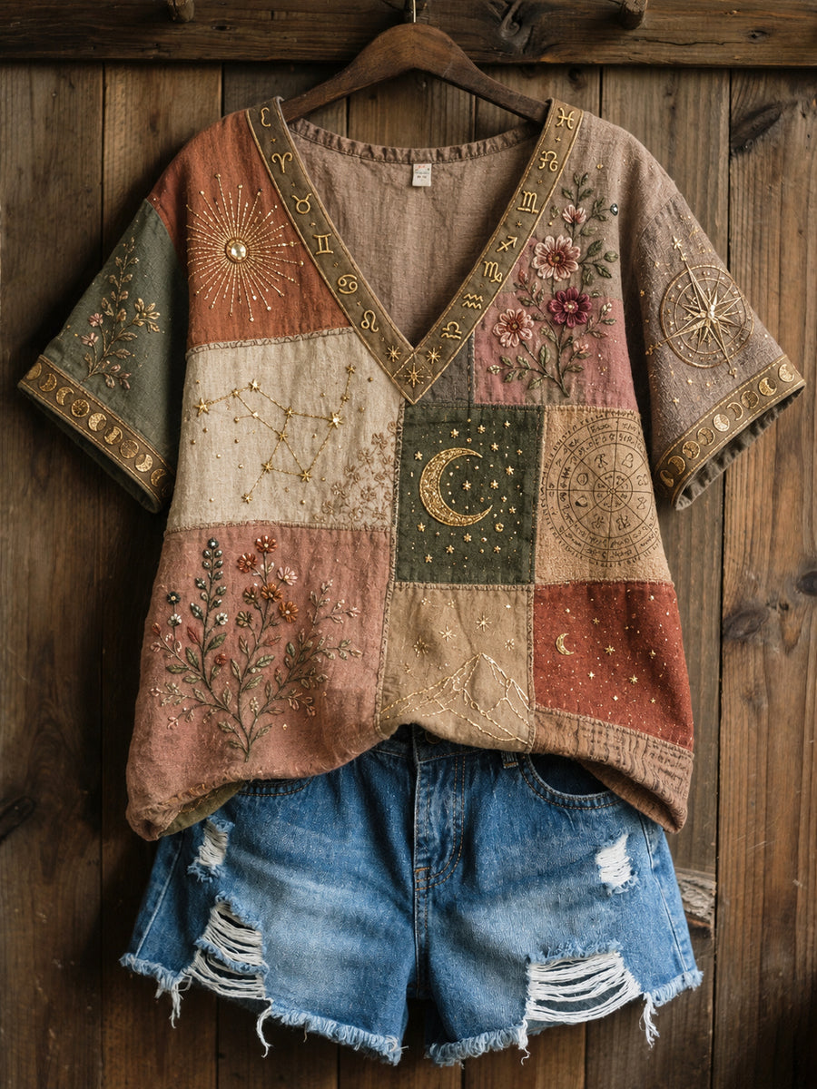 T-shirt décontracté en coton et lin, patchwork floral aux motifs du zodiaque, style vintage artistique