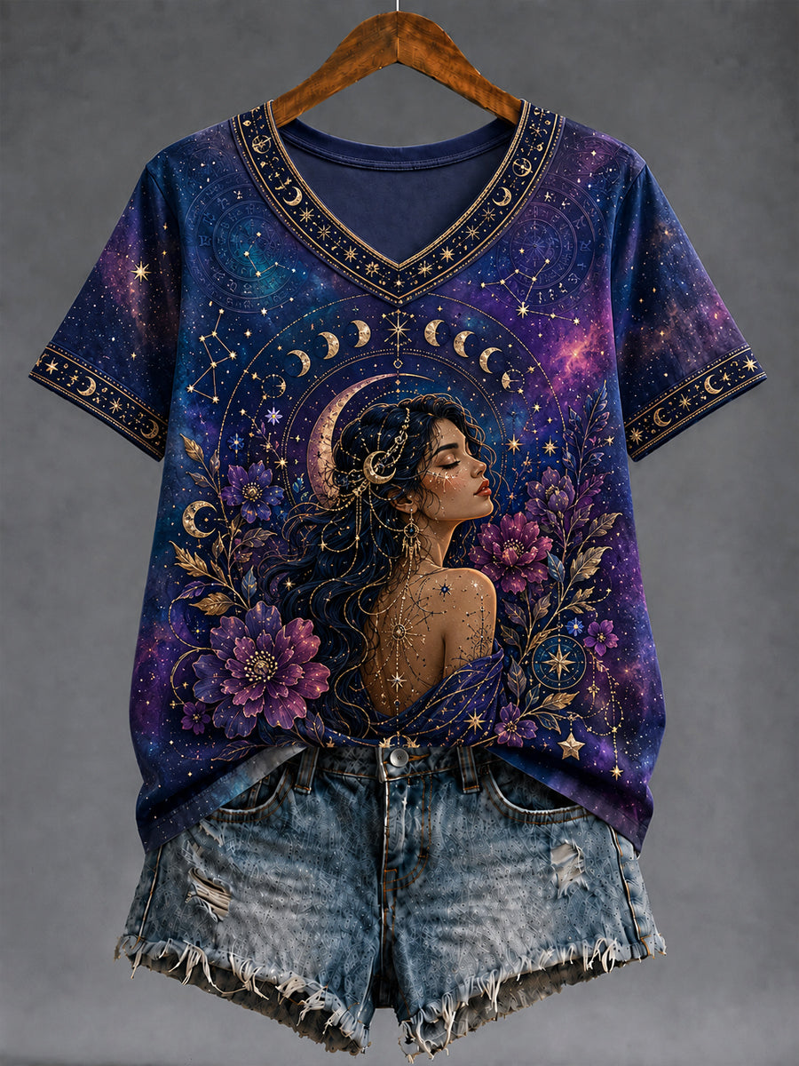 T-shirt classique décontracté à col en V pour femme, motif rétro zodiaque et ciel étoilé