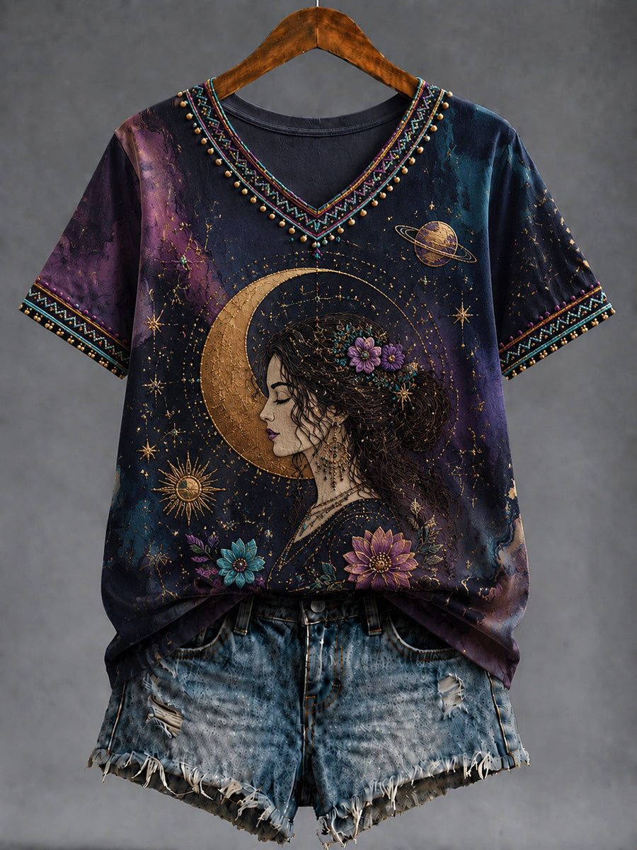 T-shirt décontracté à col en V pour femme, motif rétro du zodiaque