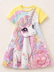 Girls' Rainbow Horse Art Print Casual Dress