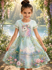Girls' Rainbow Horse Art Print Casual Dress